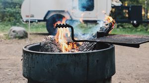 Preview wallpaper brazier, fire, van, forest, trees, nature, camping