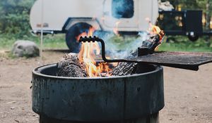 Preview wallpaper brazier, fire, van, forest, trees, nature, camping