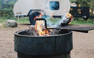 Preview wallpaper brazier, fire, van, forest, trees, nature, camping