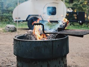 Preview wallpaper brazier, fire, van, forest, trees, nature, camping