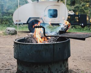 Preview wallpaper brazier, fire, van, forest, trees, nature, camping