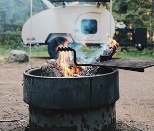 Preview wallpaper brazier, fire, van, forest, trees, nature, camping