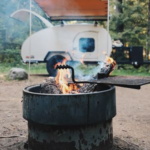 Preview wallpaper brazier, fire, van, forest, trees, nature, camping