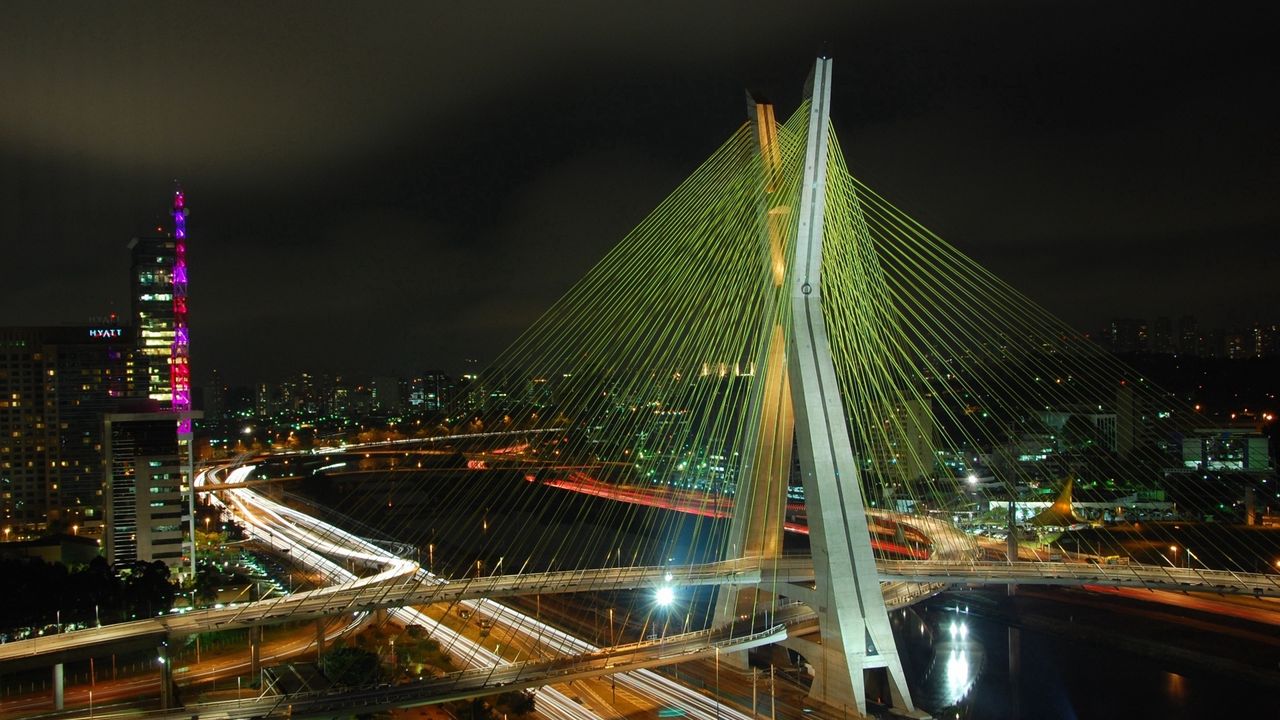 Wallpaper brazil, bridge, building, night