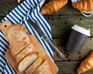Preview wallpaper bread, croissant, coffee, coffee beans, still life