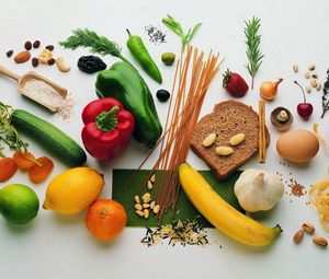 Preview wallpaper bread, vegetables, fruit, nuts, cereals, vitamins