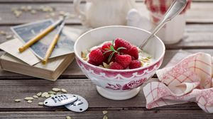 Preview wallpaper breakfast, cheese, bowl, berries, raspberry