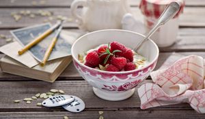 Preview wallpaper breakfast, cheese, bowl, berries, raspberry