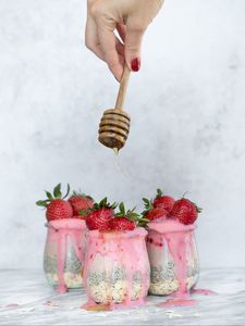 Preview wallpaper breakfast, dessert, strawberry, glasses, hand, honey