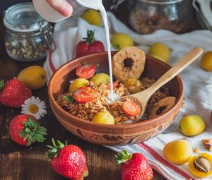 Preview wallpaper breakfast, fruit, strawberries, milk, hand