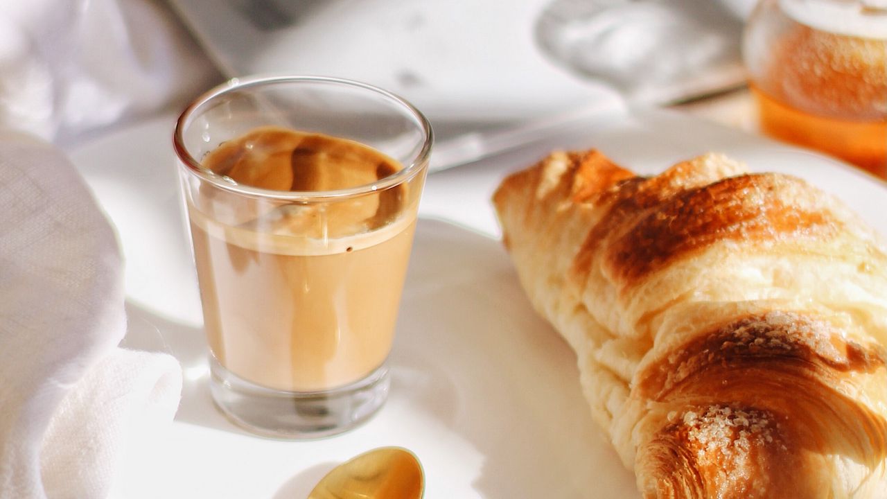 Wallpaper breakfast, glass, coffee, croissant