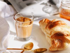 Preview wallpaper breakfast, glass, coffee, croissant