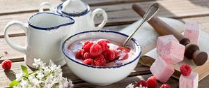 Preview wallpaper breakfast, lilac, yogurt, marshmallow, raspberry