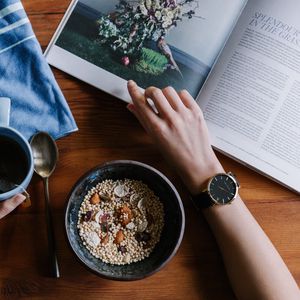 Preview wallpaper breakfast, oats, tea, magazine