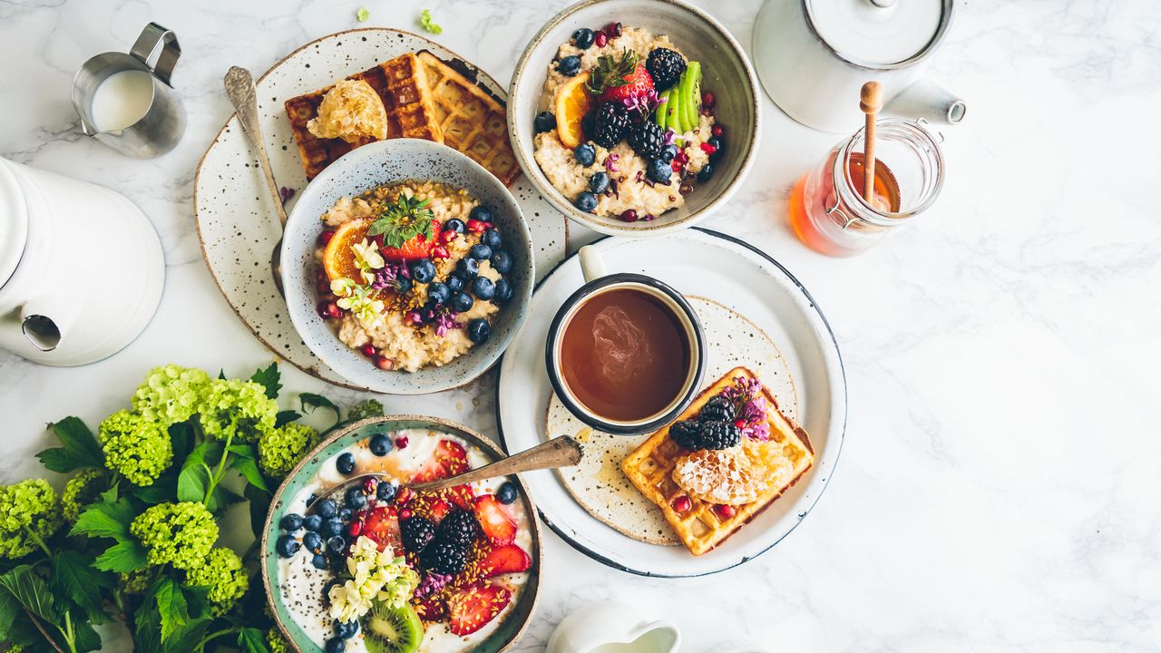 Wallpaper breakfast, porridge, waffles, fruit