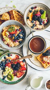 Preview wallpaper breakfast, porridge, waffles, fruit