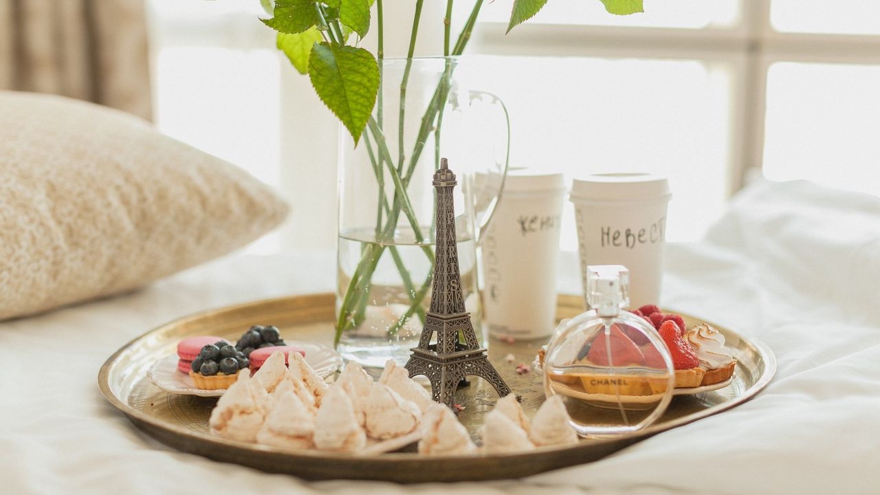 Wallpaper breakfast, tray, paris, flowers, coffee, cake