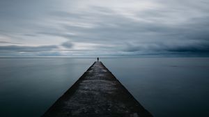 Preview wallpaper breakwater, pier, man, sea, loneliness