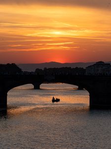 Preview wallpaper bridge, arch, boat, silhouette, sea, sunset