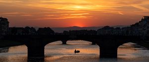 Preview wallpaper bridge, arch, boat, silhouette, sea, sunset