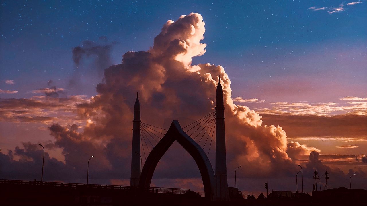 Wallpaper bridge, arch, clouds, twilight, starry sky, architecture