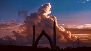Preview wallpaper bridge, arch, clouds, twilight, starry sky, architecture