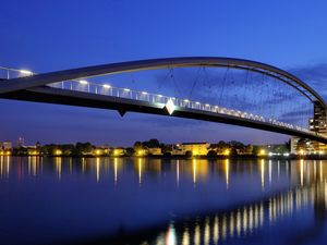 Preview wallpaper bridge, arch, design, fires, light, evening, reflection, city