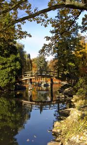 Preview wallpaper bridge, arch, pond, trees, coast, stones, shadows