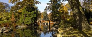 Preview wallpaper bridge, arch, pond, trees, coast, stones, shadows