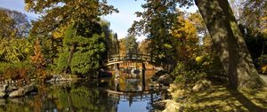 Preview wallpaper bridge, arch, pond, trees, coast, stones, shadows