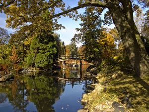 Preview wallpaper bridge, arch, pond, trees, coast, stones, shadows