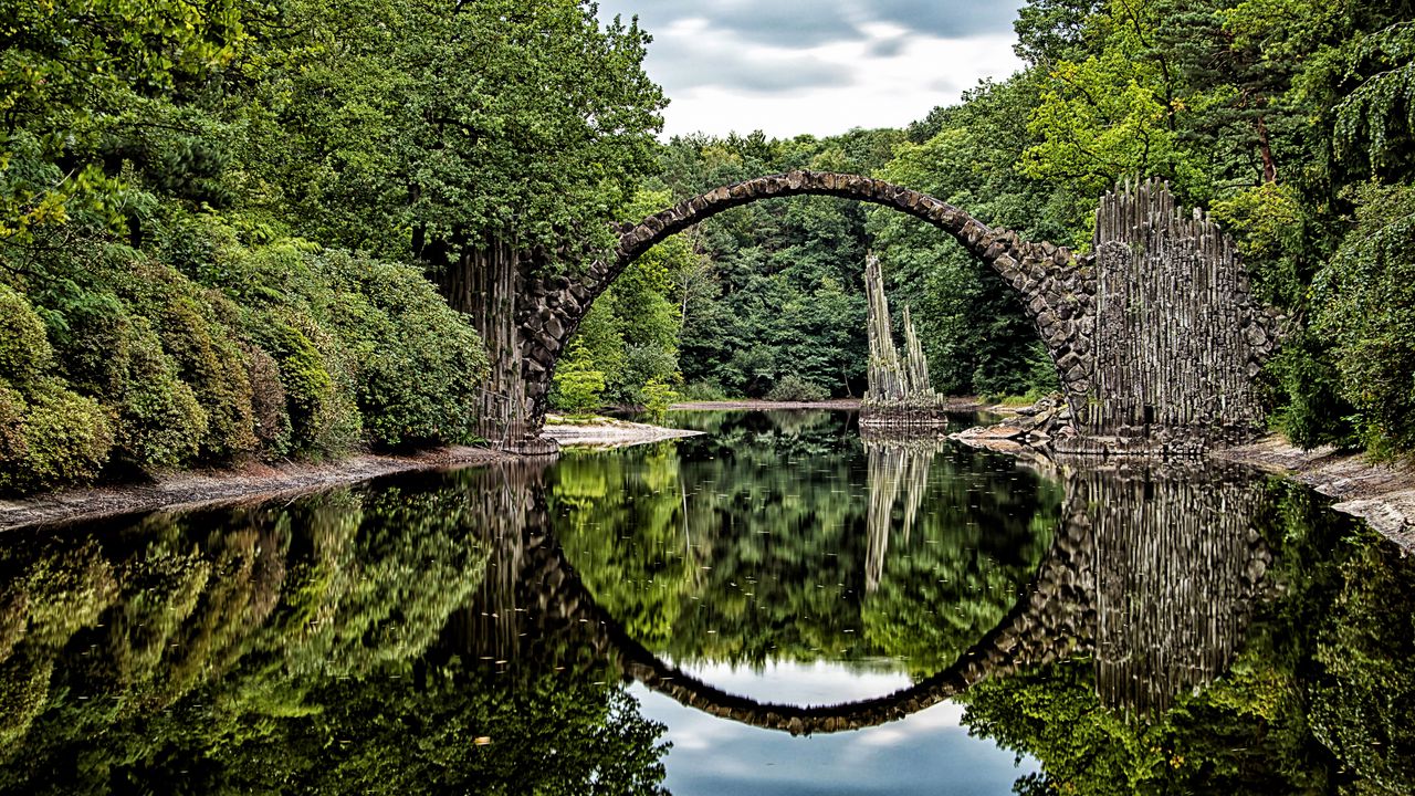 Wallpaper bridge, arch, trees, river, reflection