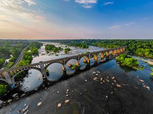 Preview wallpaper bridge, arches, river, trees, nature