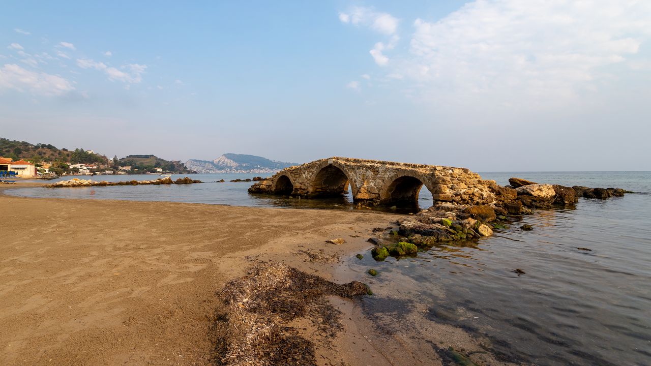 Wallpaper bridge, arches, ruins, shore, sea