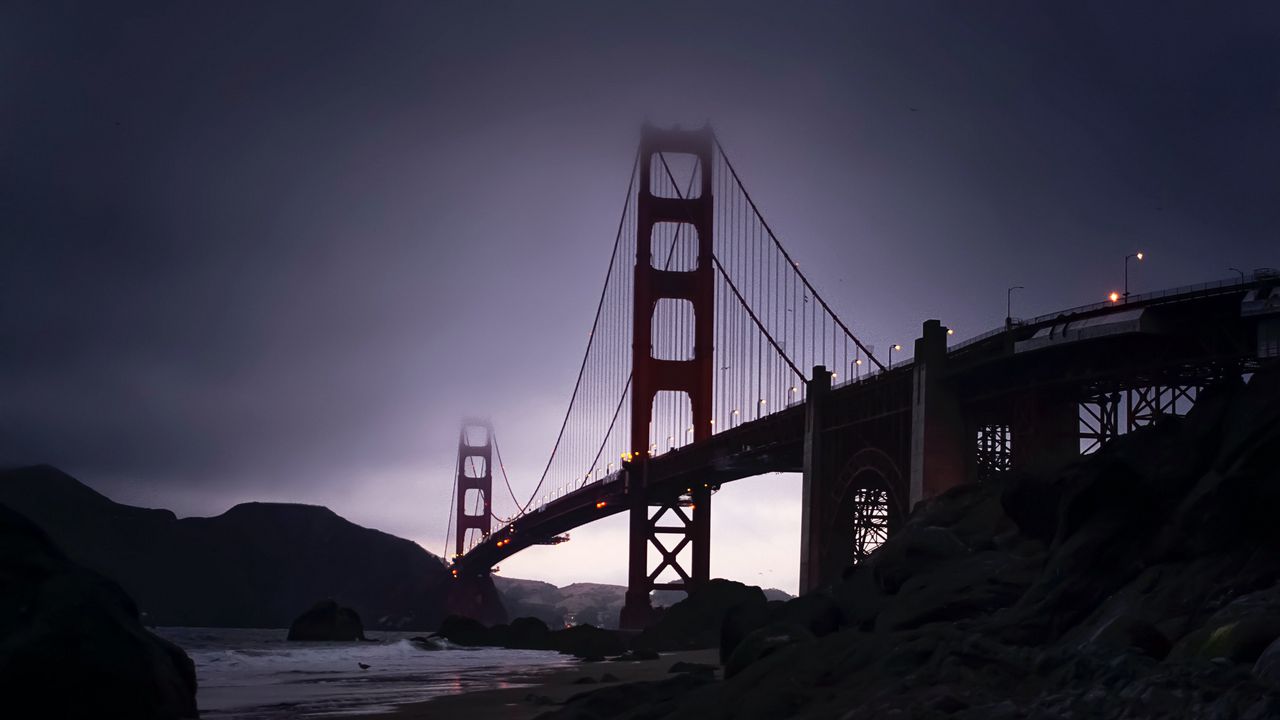 Wallpaper bridge, architecture, fog, dusk