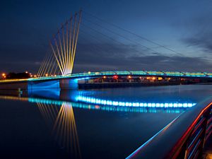 Preview wallpaper bridge, architecture, night, river, city lights