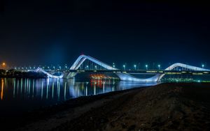 Preview wallpaper bridge, architecture, night city, city lights, abu dhabi, united arab emirates