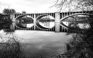 Preview wallpaper bridge, architecture, river, trees, bw