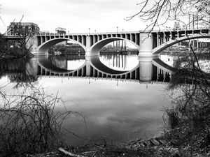 Preview wallpaper bridge, architecture, river, trees, bw