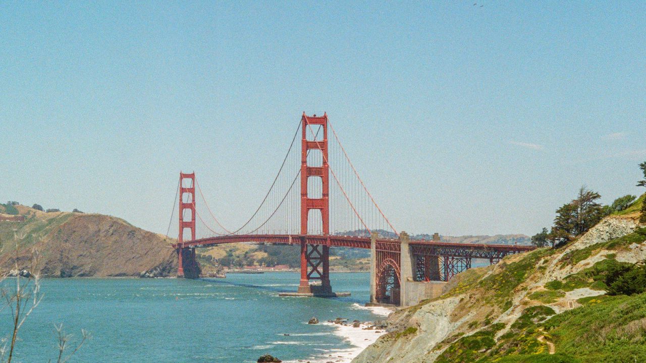 Wallpaper bridge, architecture, rocks, sea, bushes