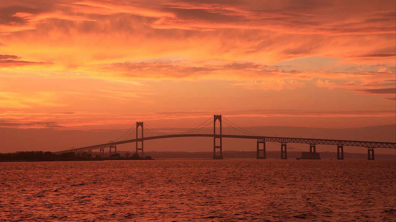 Wallpaper bridge, architecture, sea, sunset, sky