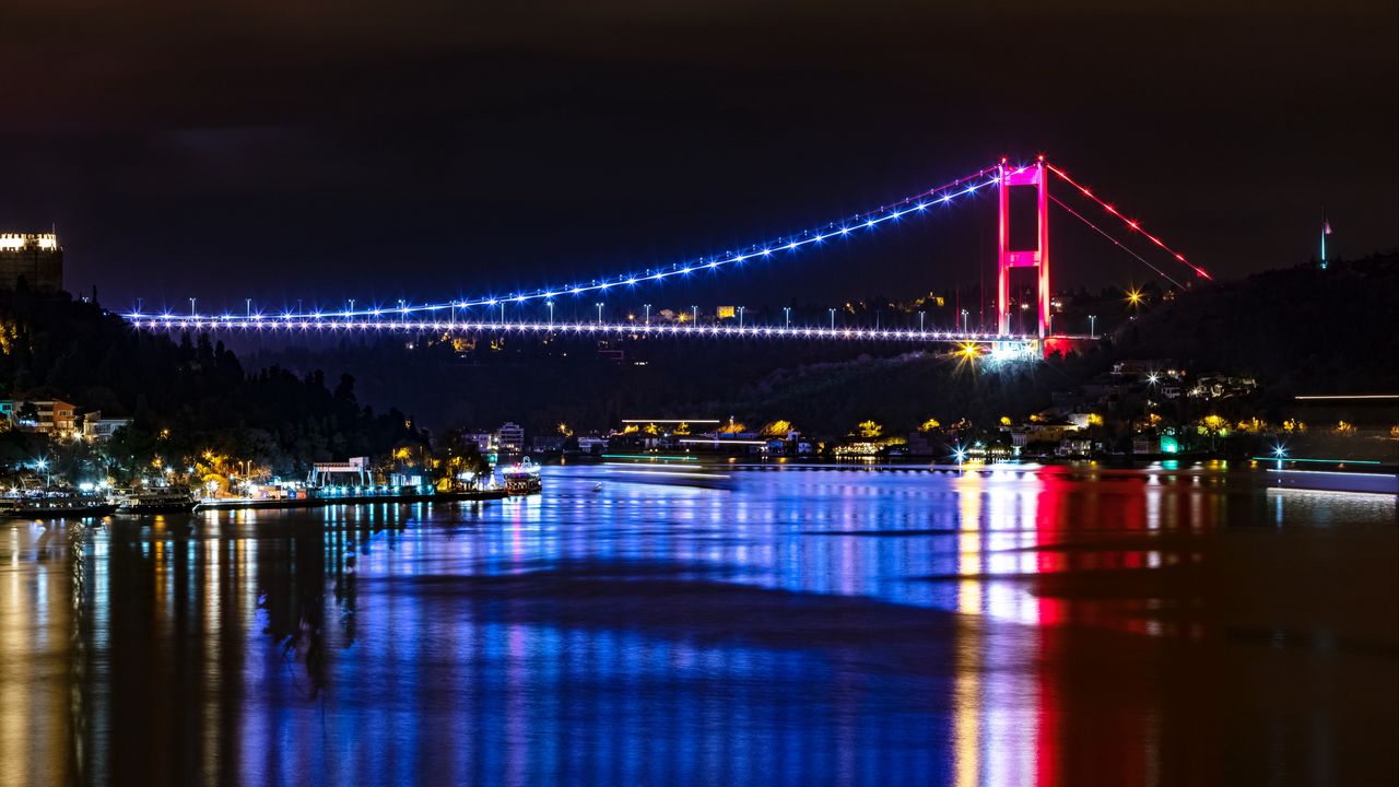 Wallpaper bridge, backlight, river, reflection, istanbul