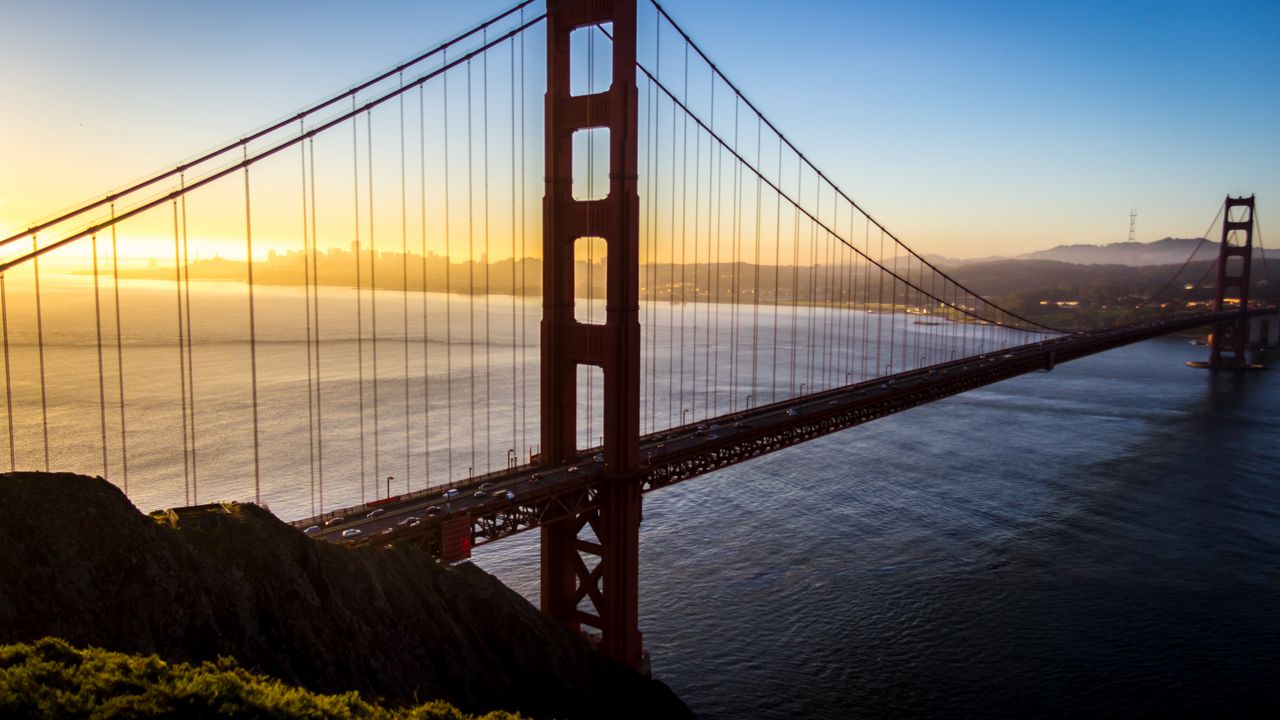 Wallpaper bridge, bay, sunset, landscape