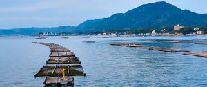 Preview wallpaper bridge, boards, sea, mountains