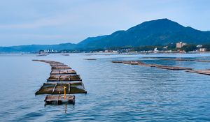 Preview wallpaper bridge, boards, sea, mountains