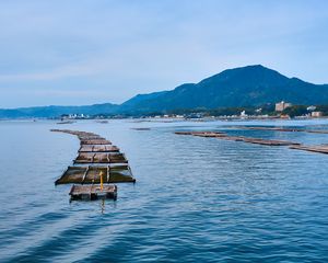Preview wallpaper bridge, boards, sea, mountains