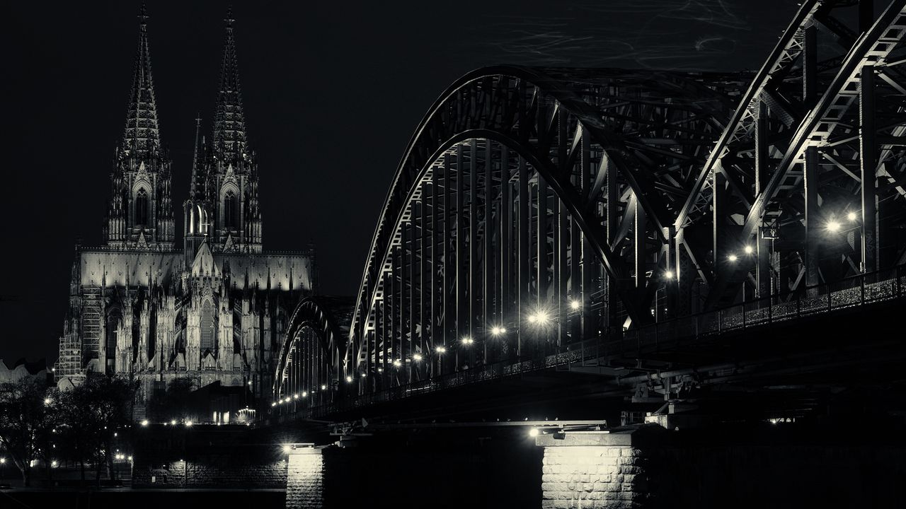 Wallpaper bridge, building, lights, tower, night, black and white