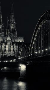 Preview wallpaper bridge, building, lights, tower, night, black and white