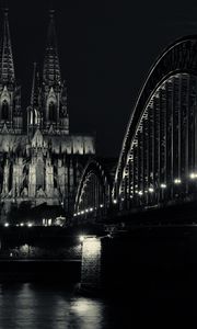 Preview wallpaper bridge, building, lights, tower, night, black and white