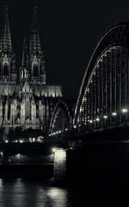 Preview wallpaper bridge, building, lights, tower, night, black and white